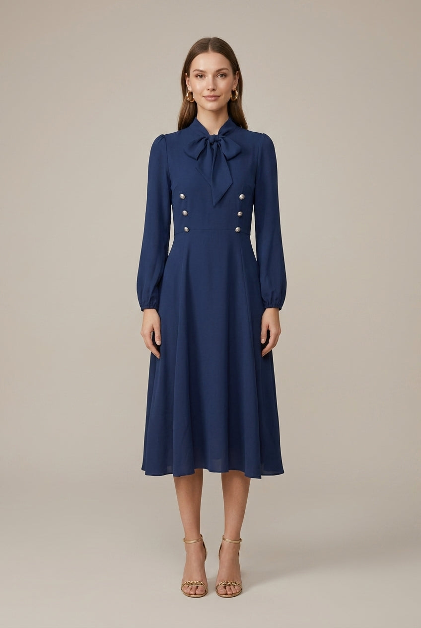 Women's Midi Dress A-Line – Decorative Crossed Buttons and Bow Collar with Long Sleeves