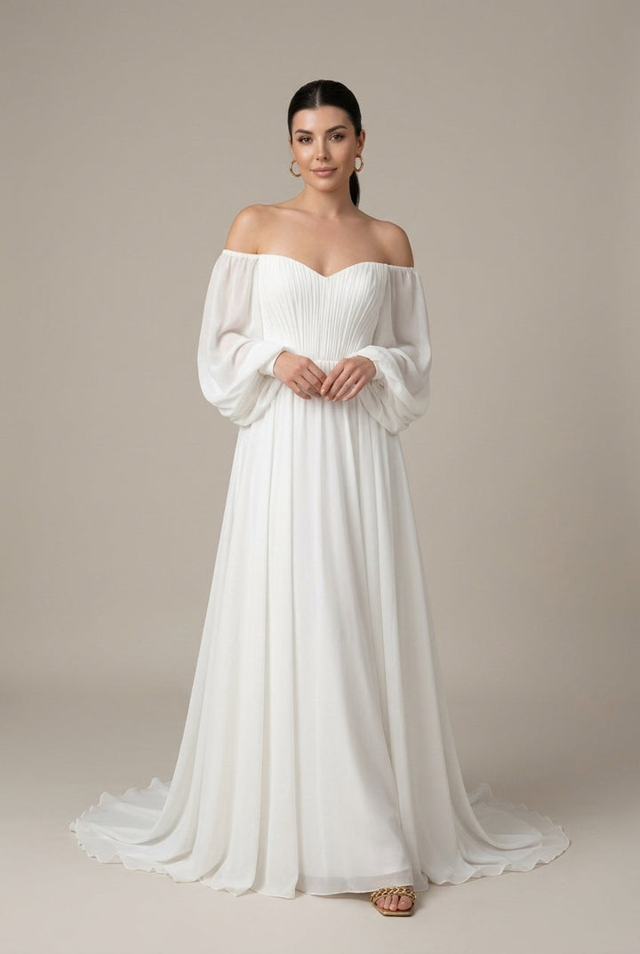 Damen Maxikleid mit freiliegenden Schultern aus Musselin – Faltenwurf, Puffärmel