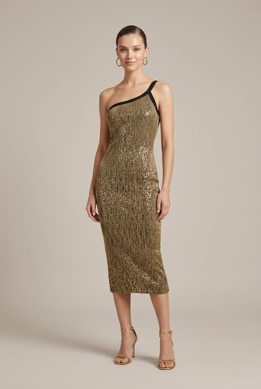 Women's Bodycon Dress with Asymmetric Shoulder – Sequins and Metallic Thread