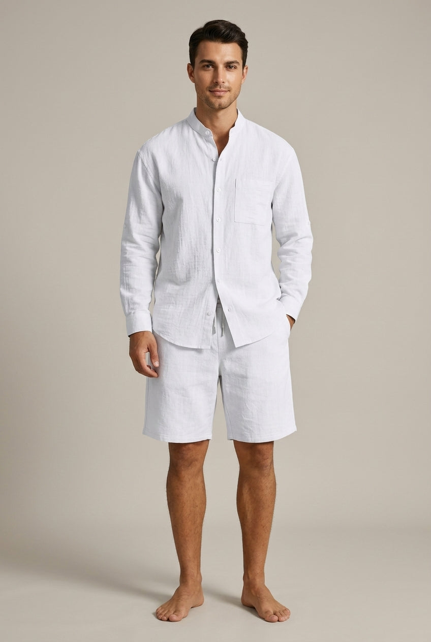Ensemble Homme Lin Texturé – Chemise Col Mao et Short Coupe Décontractée