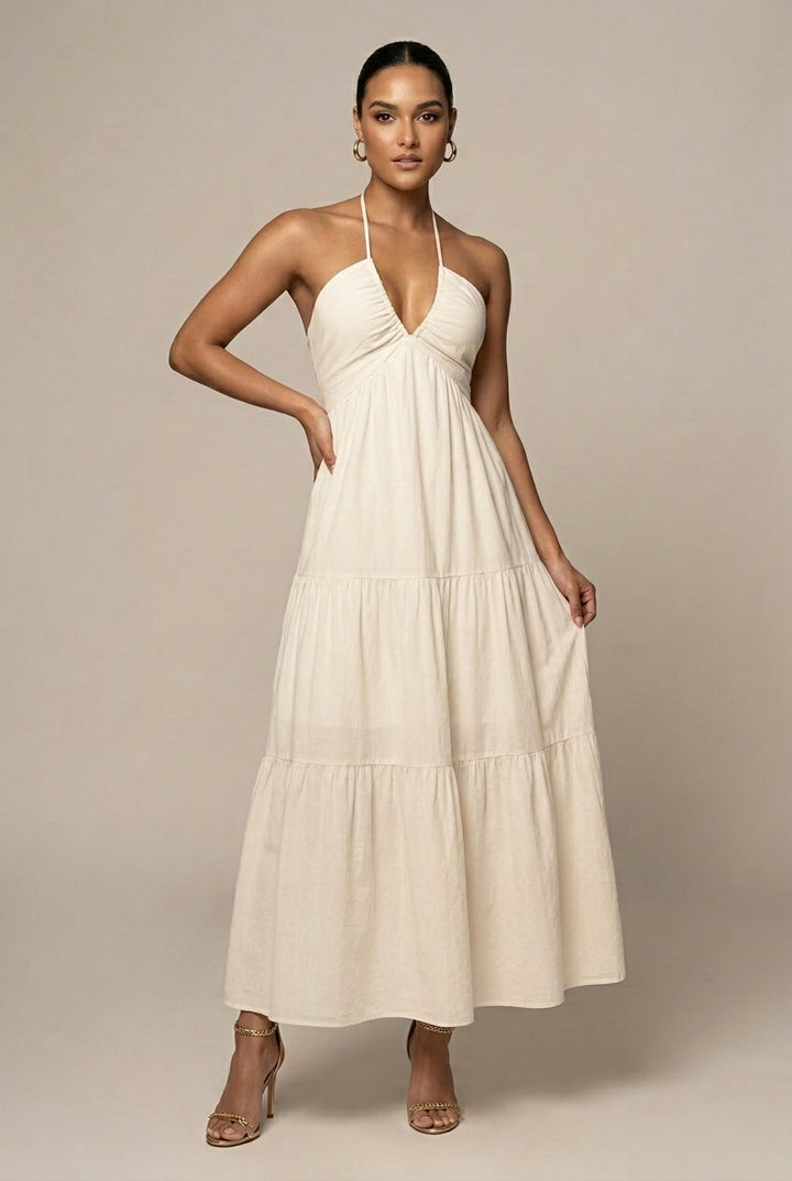 Abito maxi da donna con collo halter – Volant a strati schiena aperta