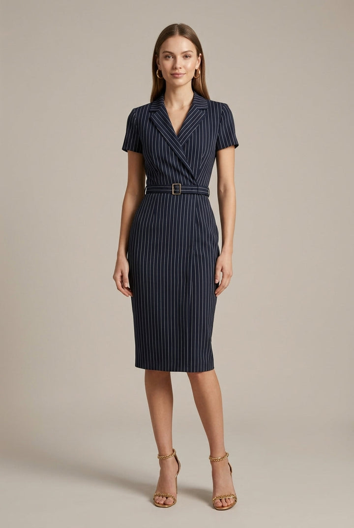 Gestreiftes Damenkleid mit Bleistiftform – V-Ausschnitt und Gürtel