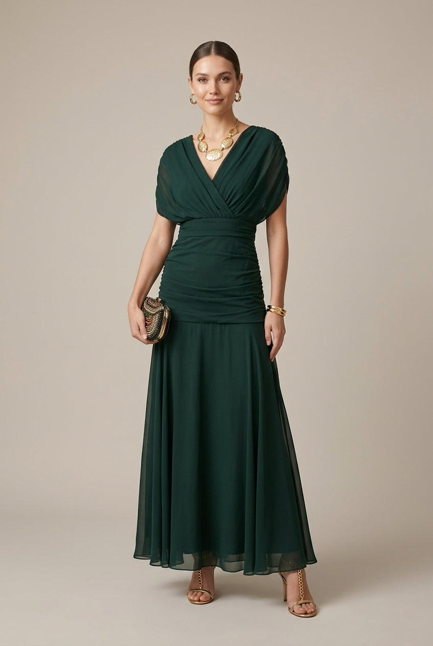 Women's Long Dress V-Neck – Wrap with Short Sleeves and Sheer Details