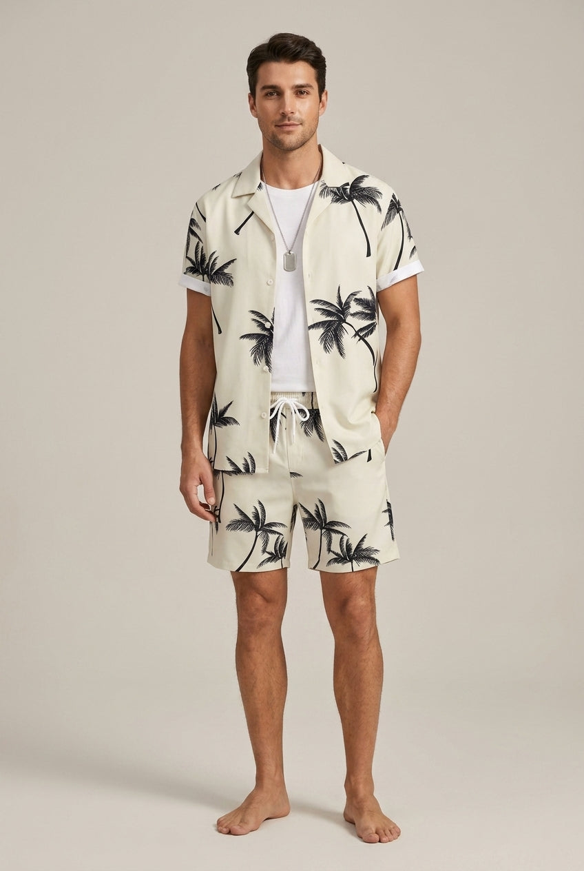 Men's Two-Piece Set – Palm Tree Print Shirt and Shorts