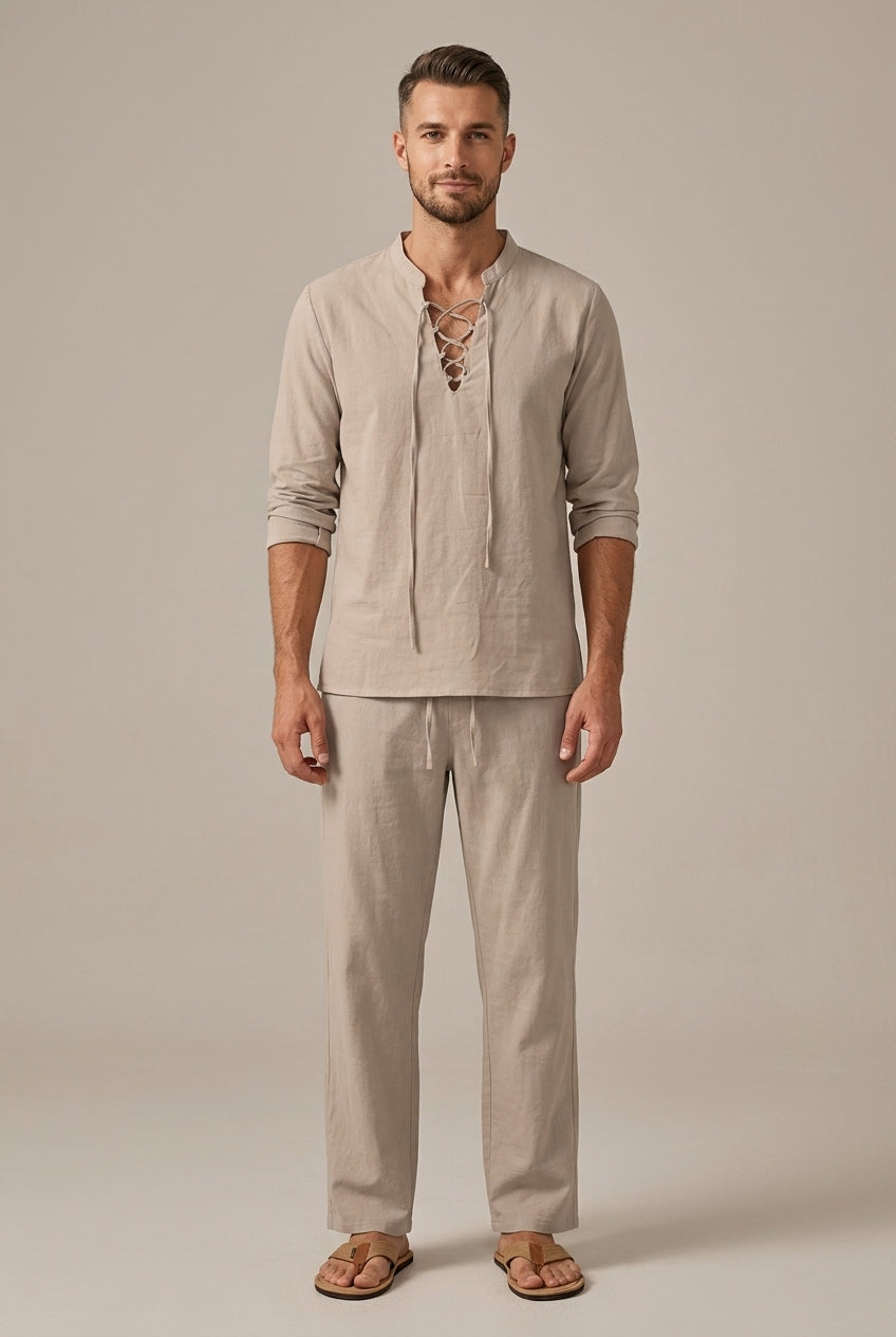 Completo Due Pezzi Uomo Cotone Lino – Collo a V con Lacci & Pantaloni