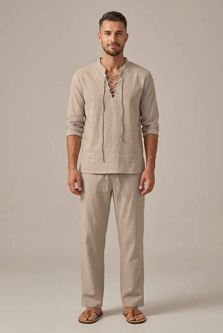 Completo Due Pezzi Uomo Cotone Lino – Collo a V con Lacci & Pantaloni