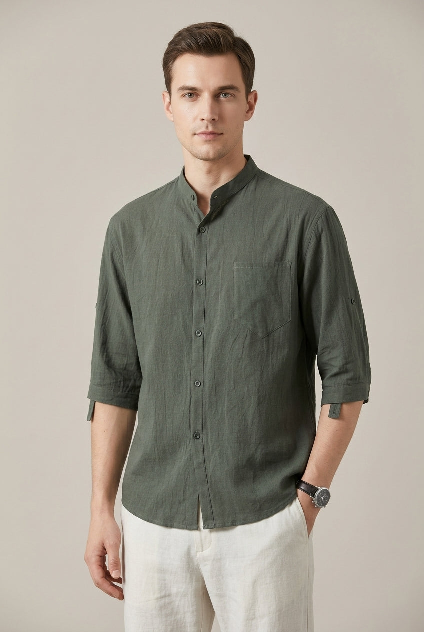 Chemise Homme Col Mao Tissée – Manches Trois-Quarts Coupe Décontractée