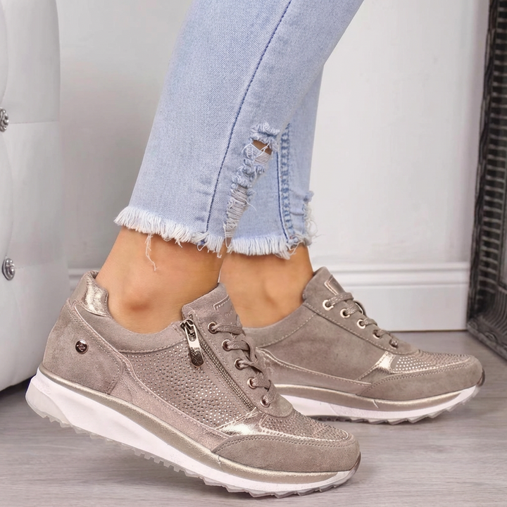 Baskets Décontractées Orthopédiques en Cuir pour Femme – Semelle Confort Strass