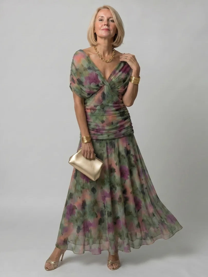 Robe Femme Maxi Chiffon – Imprimé Col V Manches Courtes