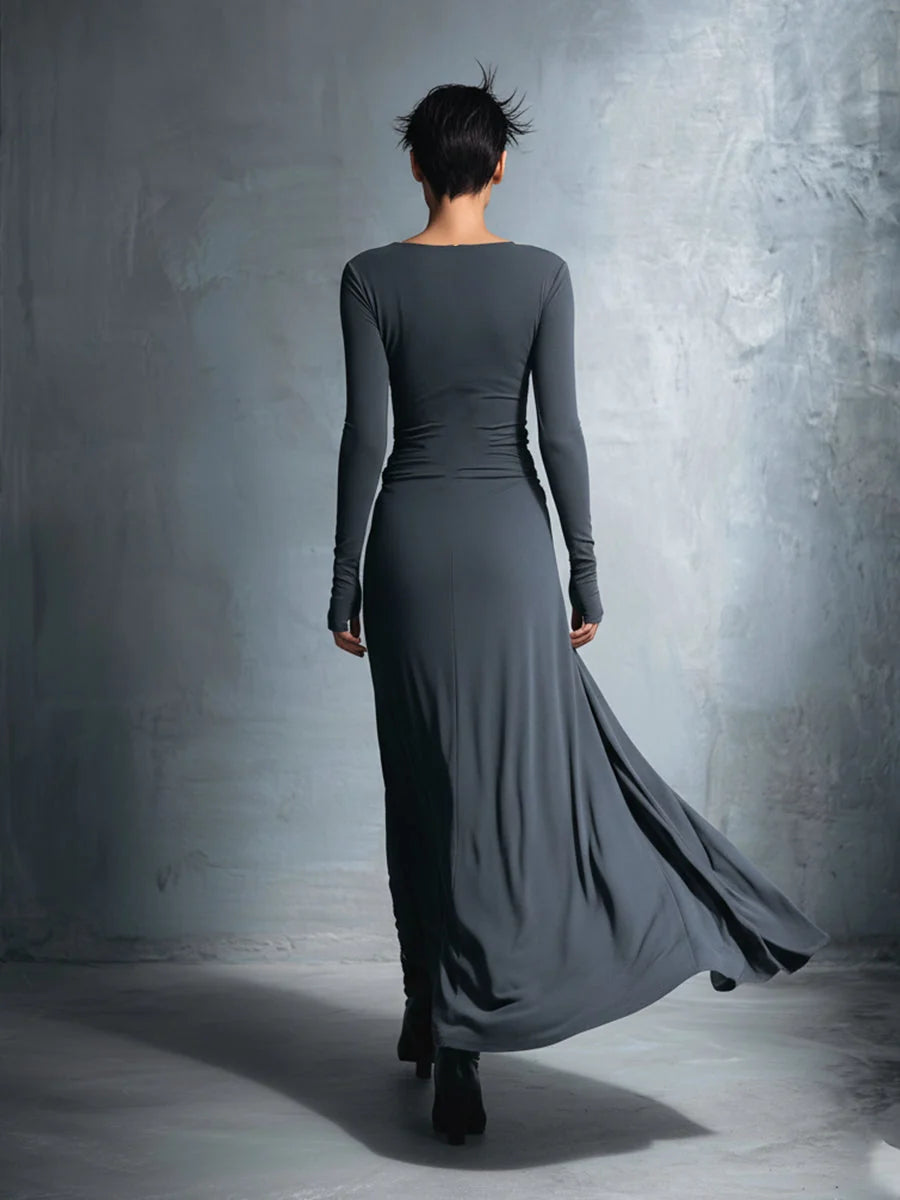 Elegantes Maxi-Wickelkleid für Damen mit Schleifenmuster und langen Ärmeln