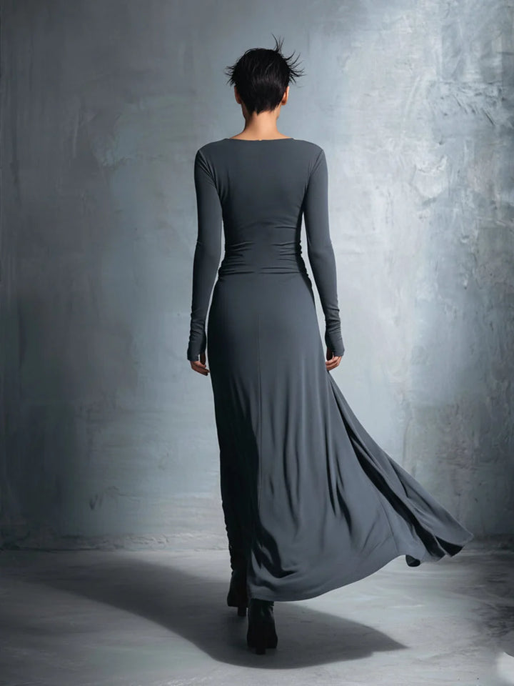 Elegantes Maxi-Wickelkleid für Damen mit Schleifenmuster und langen Ärmeln