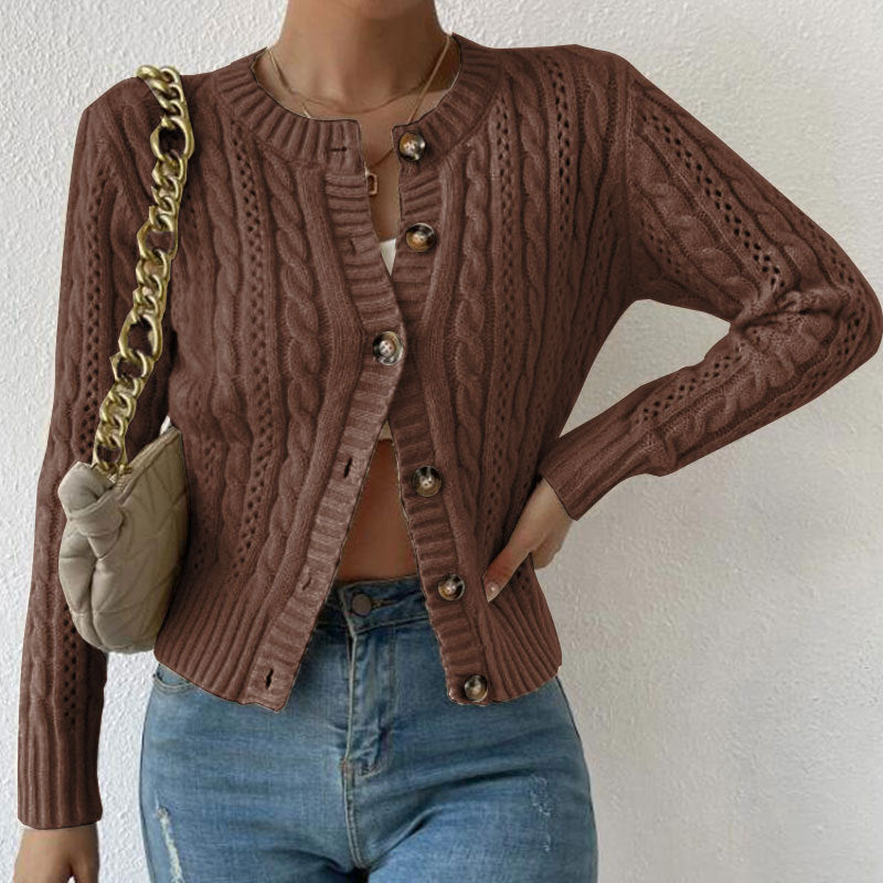 Cardigan Femme Col Rond Torsadé Maille – Manches Longues Élégantes