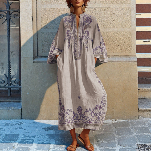 Robe Longue Femme Bohème Col V – Coupe Décontractée Imprimée