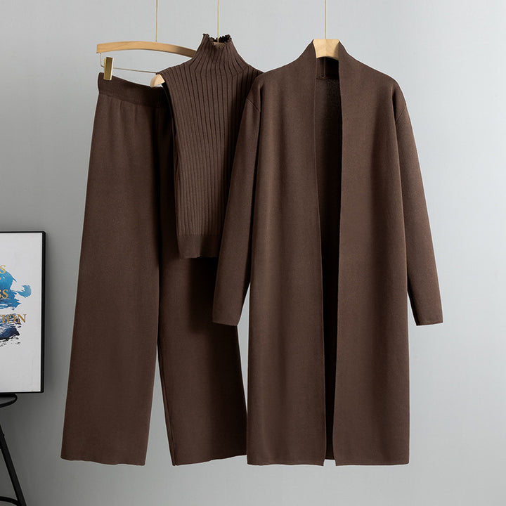 Dreiteiliges Damen-Strickset – ärmellose Weste, langer Cardigan und weite Hose