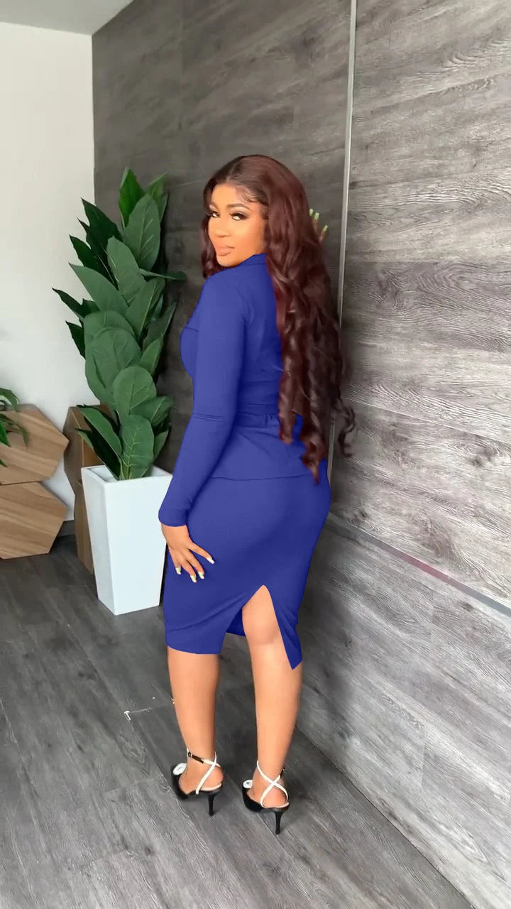 Tailleur Deux Pièces Femme – Veste Col Chemise &amp; Jupe Mi-Longue
