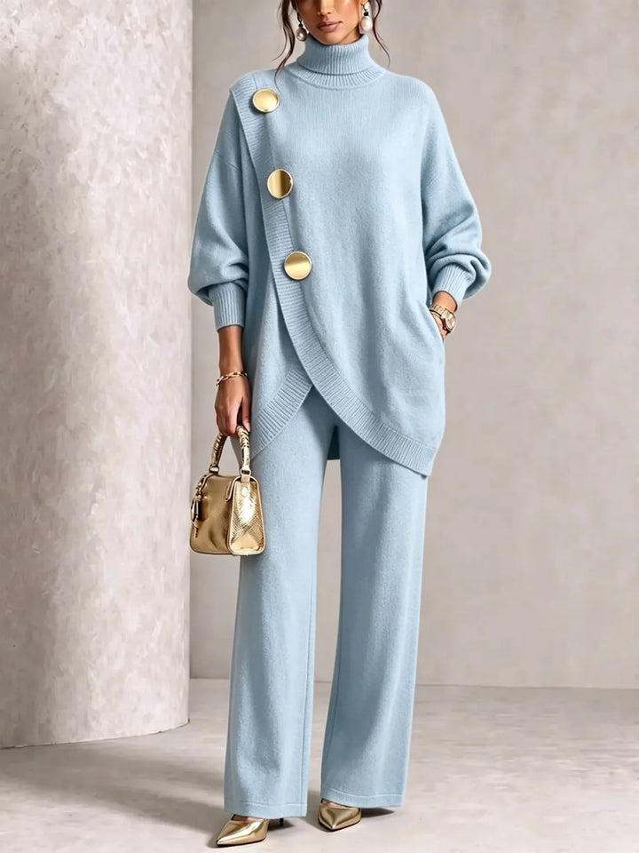 Set van twee gebreide kledingstukken Dames – asymmetrische knoopdetails