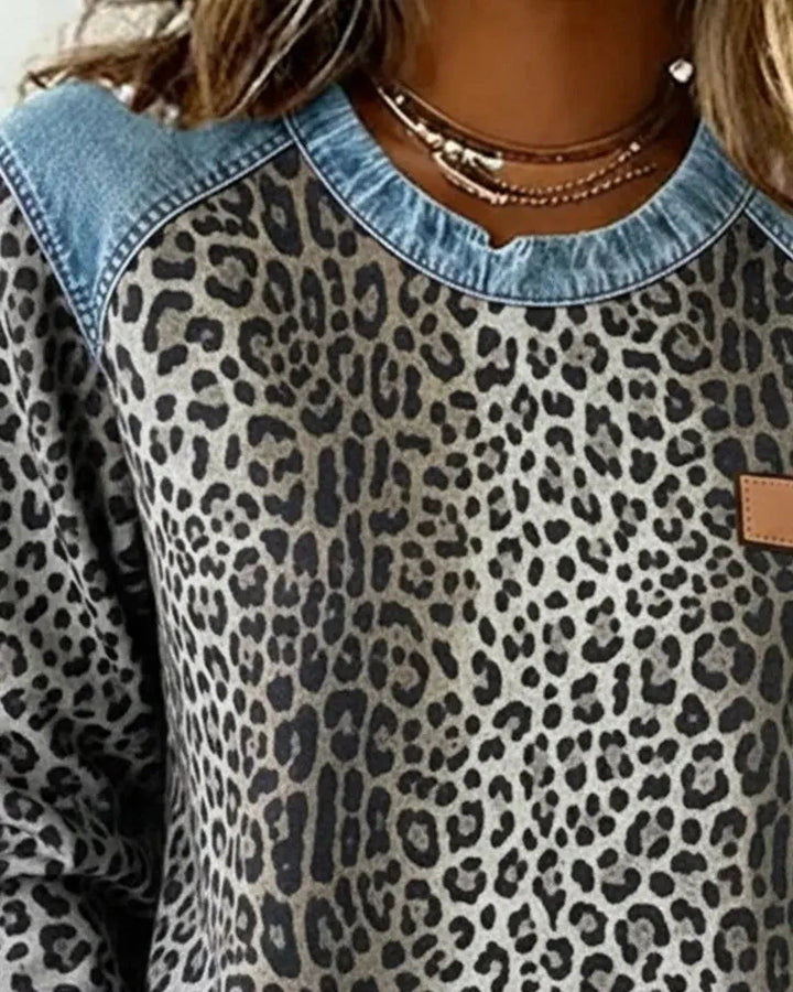 Patchwork-Sweatshirt für Damen – Rundhalsausschnitt, geprägtes Blumenmuster