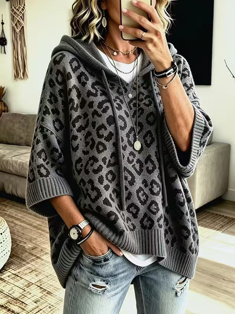 Damen-Kapuzenpullover mit Leopardenmuster – Lässige Strickwaren