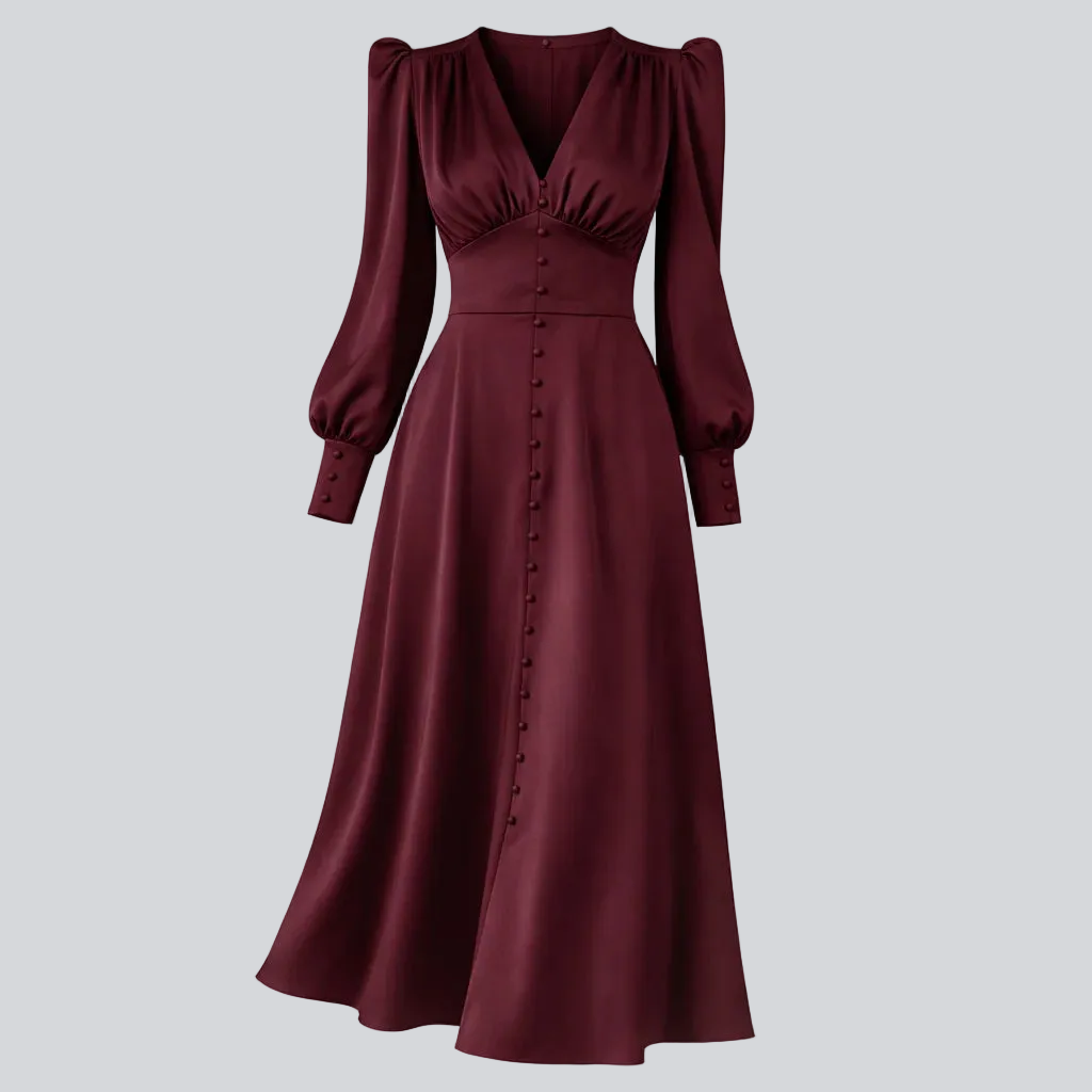 Satin-Midikleid für Damen – Laternenärmel, taillierter Schnitt