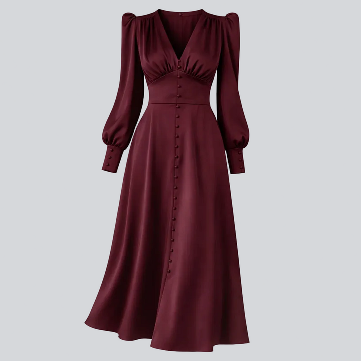 Satin-Midikleid für Damen – Laternenärmel, taillierter Schnitt