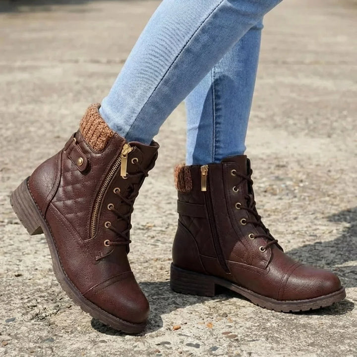 Gesteppte Damenstiefeletten – Schnürsenkel und praktischer seitlicher Reißverschluss