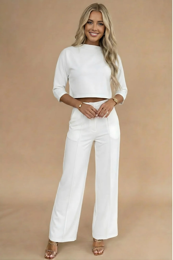 Conjunto de dos piezas para mujer – Top corto acampanado y pantalón ancho de talle alto