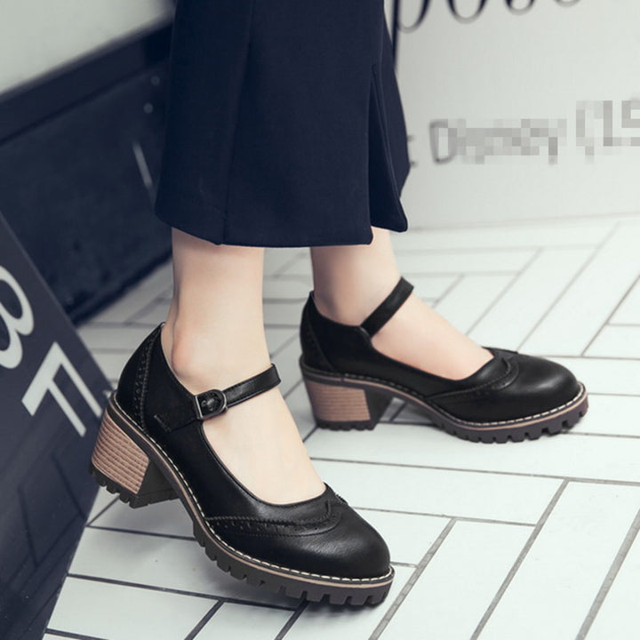 Damesko i Mary Jane-stil – Retro chunky hæl med ankelrem