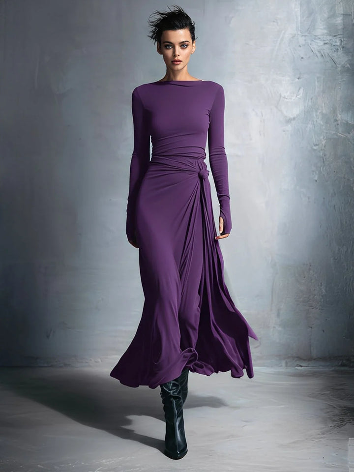 Elegantes Maxi-Wickelkleid für Damen mit Schleifenmuster und langen Ärmeln