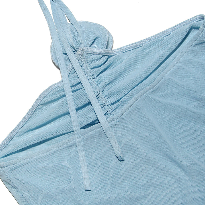 Abito lungo da donna in mesh – scollo halter con fiore 3D e schiena scoperta