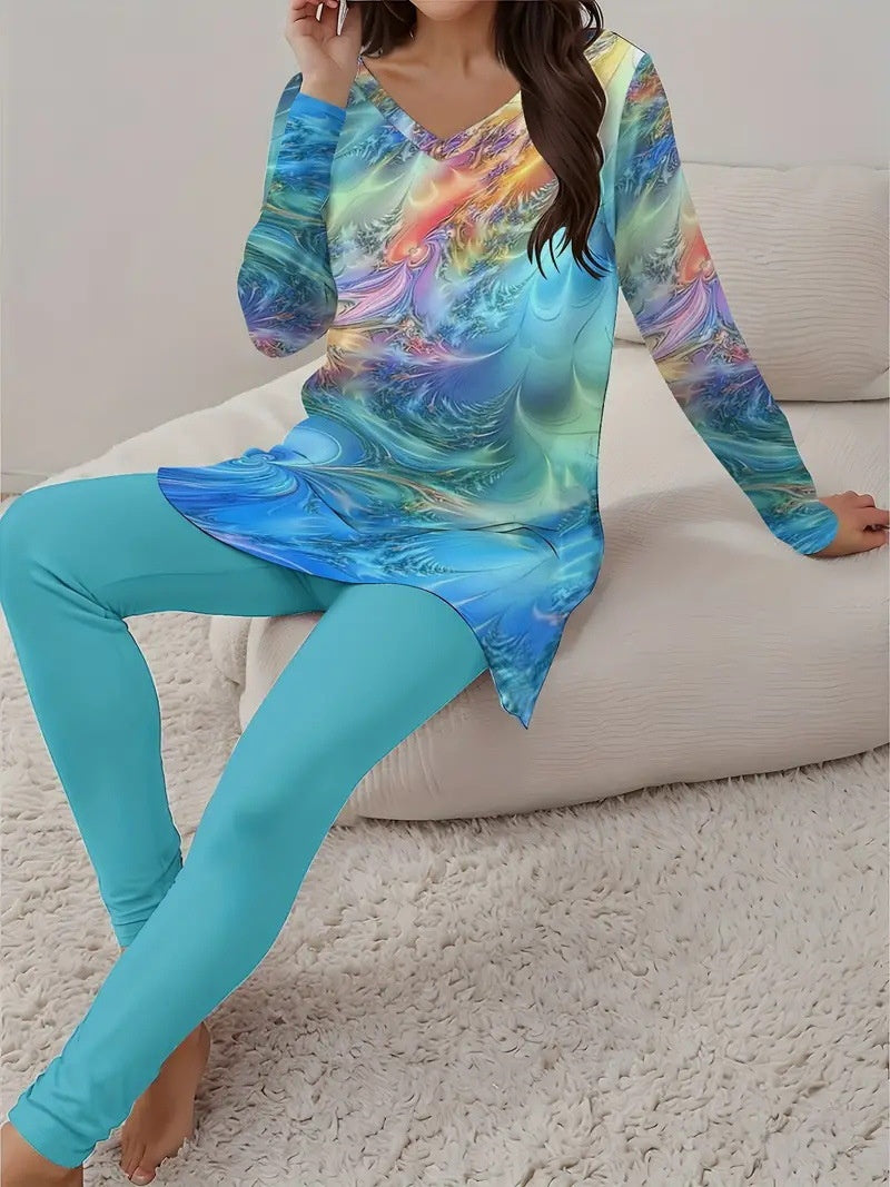 Vintage Two-Piece Women’s Set – Floral V-Neck Top &amp; Leggings