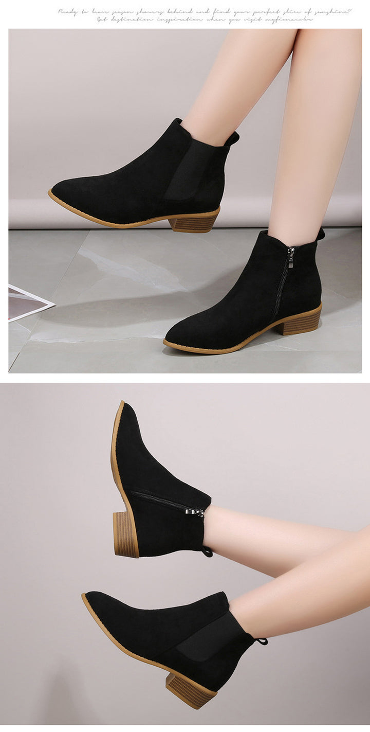 Damen-Stiefeletten aus Veloursleder – Spitze Kappe &amp; Blockabsatz