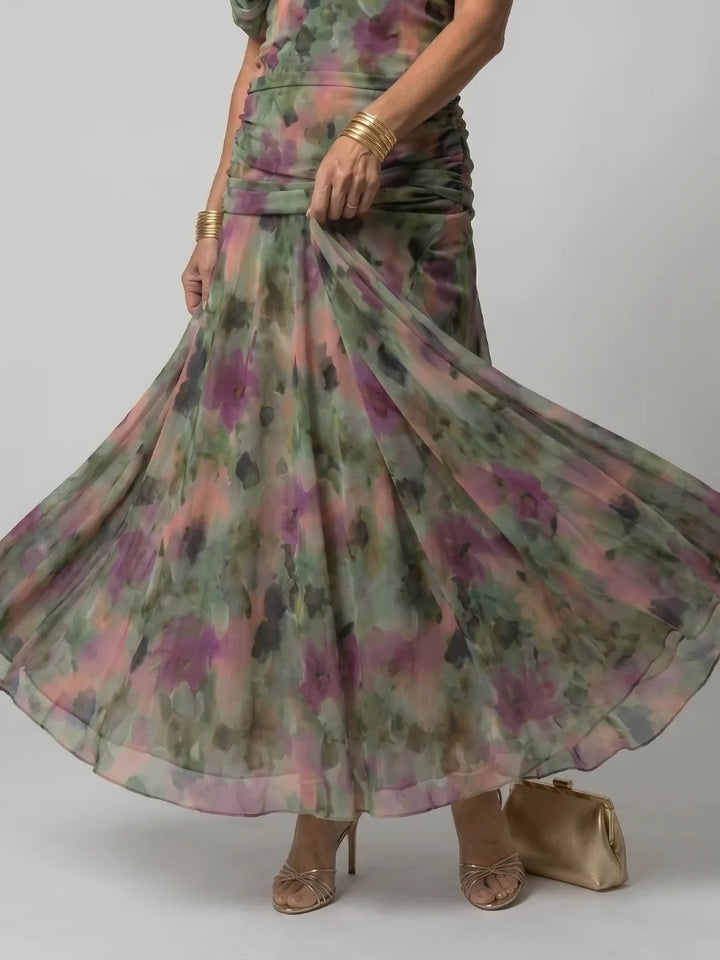 Robe Femme Maxi Chiffon – Imprimé Col V Manches Courtes