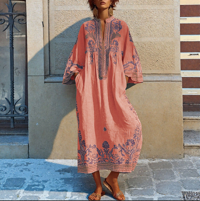 Robe Longue Femme Bohème Col V – Coupe Décontractée Imprimée