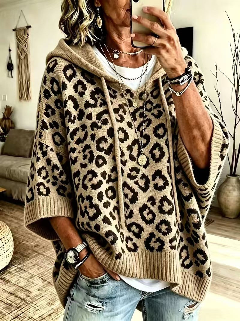 Damen-Kapuzenpullover mit Leopardenmuster – Lässige Strickwaren