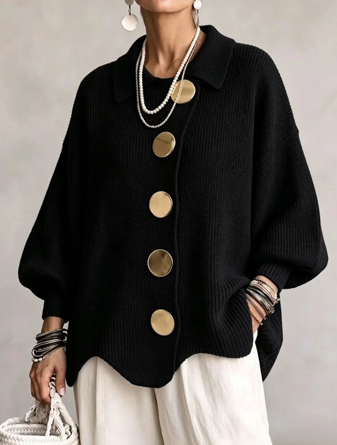 Cardigan Femme en Maille – Coupe Ample à Col Revers Boutonné