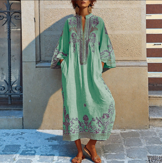 Robe Longue Femme Bohème Col V – Coupe Décontractée Imprimée