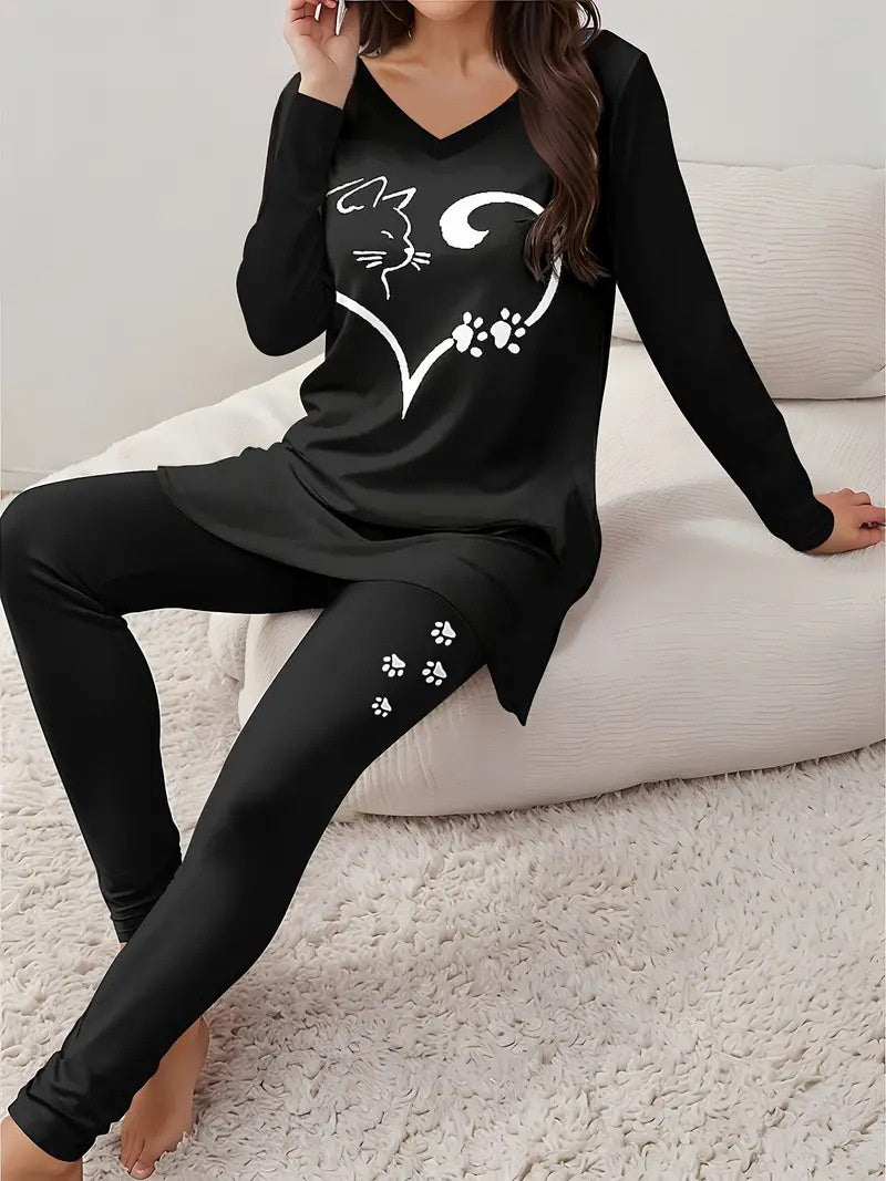 Vintage Two-Piece Women’s Set – Floral V-Neck Top &amp; Leggings