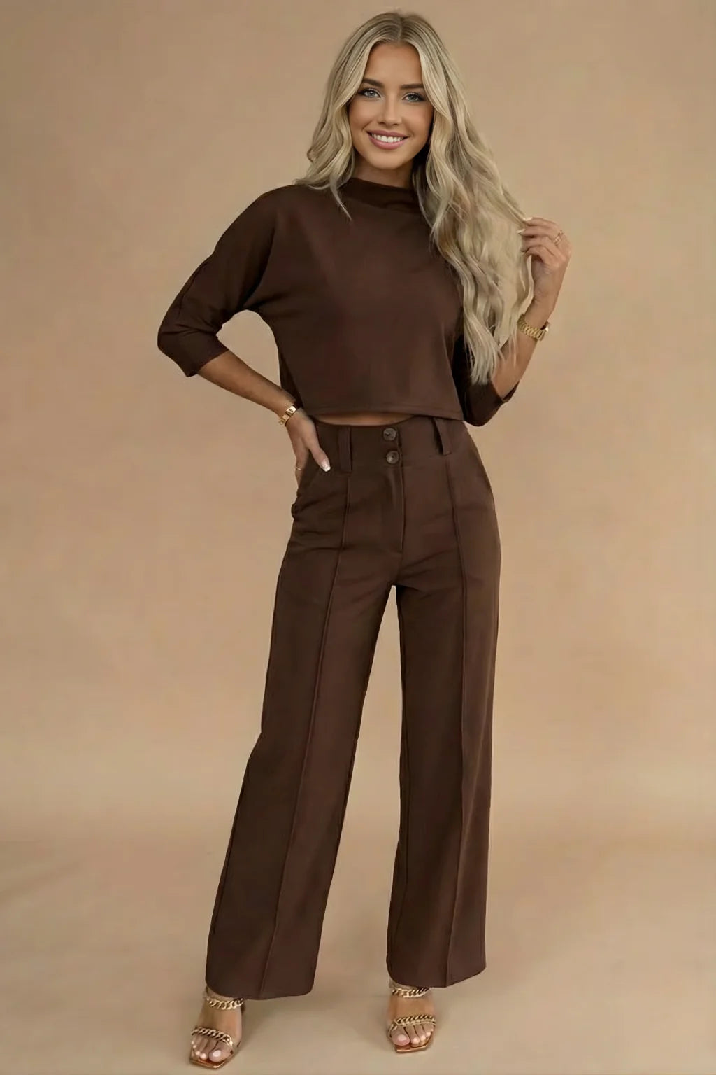 Conjunto de dos piezas para mujer – Top corto acampanado y pantalón ancho de talle alto