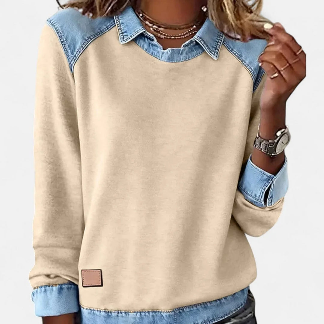 Damenpullover aus Strick – Hemdkragen aus kontrastierendem Denim