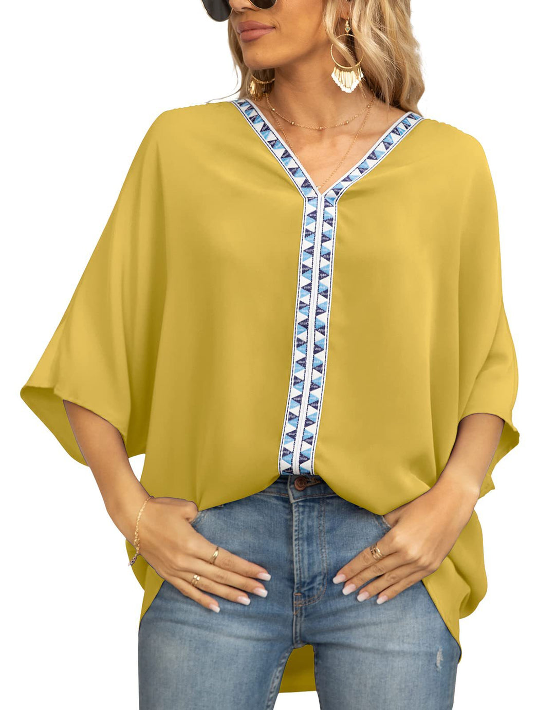 Camicia da donna con maniche a pipistrello effetto chiffon – scollo a V fluido