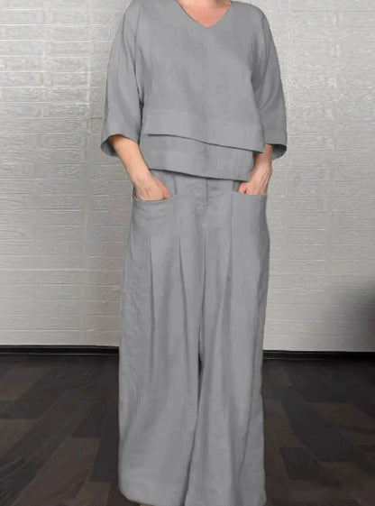 Damen-Zweiteiler – Rundhals-Top und gerade geschnittene Hose
