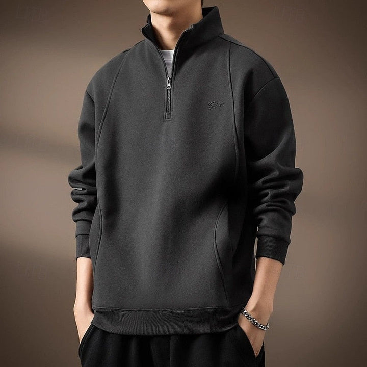 Sweatshirt til mænd i bomuld – halv lynlås, varm foring, afslappet pasform