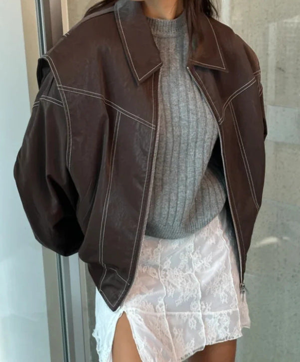Veste Femme Motard Moto – Coupe Loose à Col Revers Zippé
