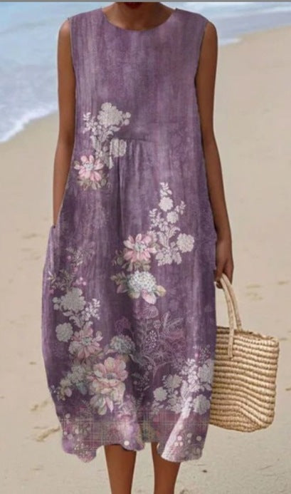 Abito da donna midi senza maniche – taglio casual con stampa elegante