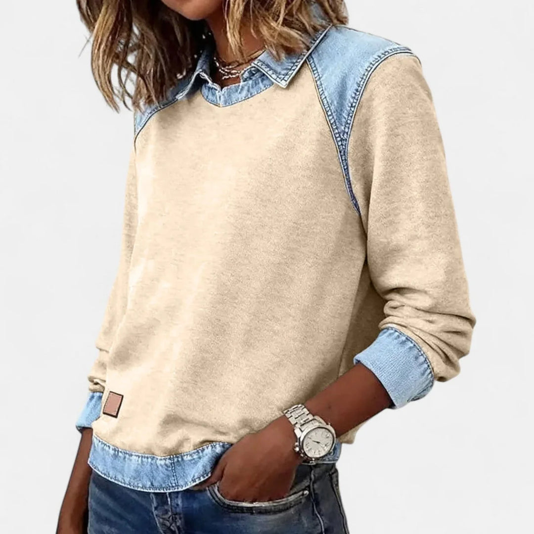 Damenpullover aus Strick – Hemdkragen aus kontrastierendem Denim