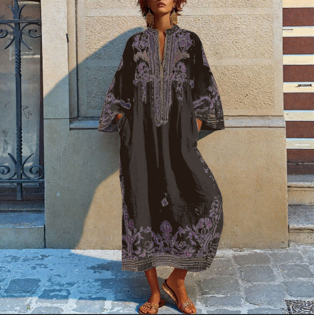 Robe Longue Femme Bohème Col V – Coupe Décontractée Imprimée