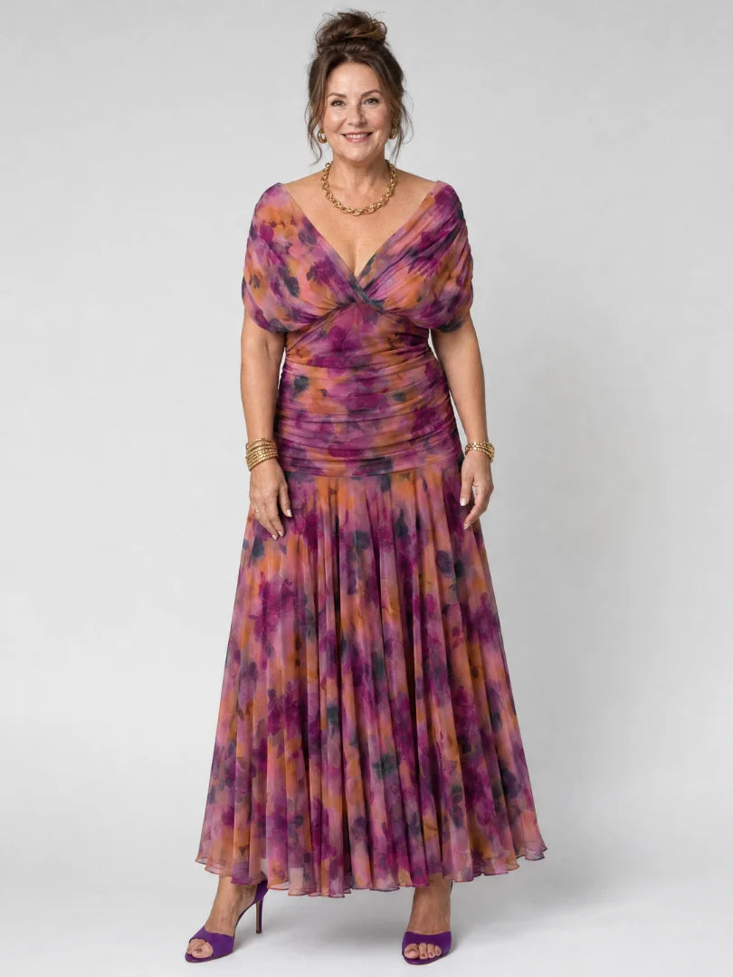 Robe Femme Maxi Chiffon – Imprimé Col V Manches Courtes