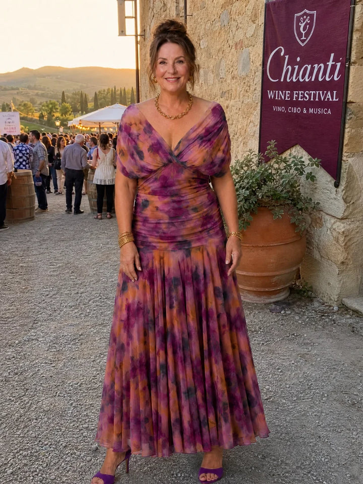 Robe Femme Maxi Chiffon – Imprimé Col V Manches Courtes