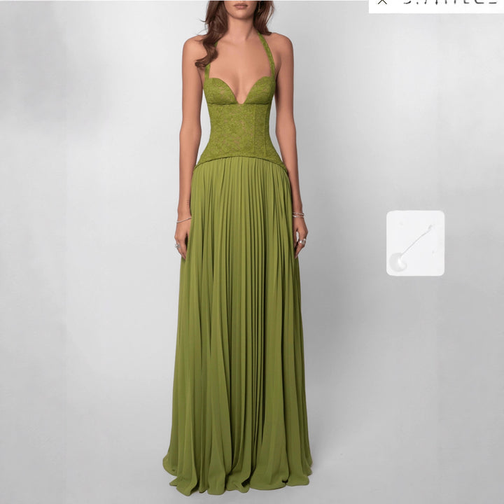 Robe Femme à Dos Nu – Plissée, Décolleté Plongeant, Liens Nuque