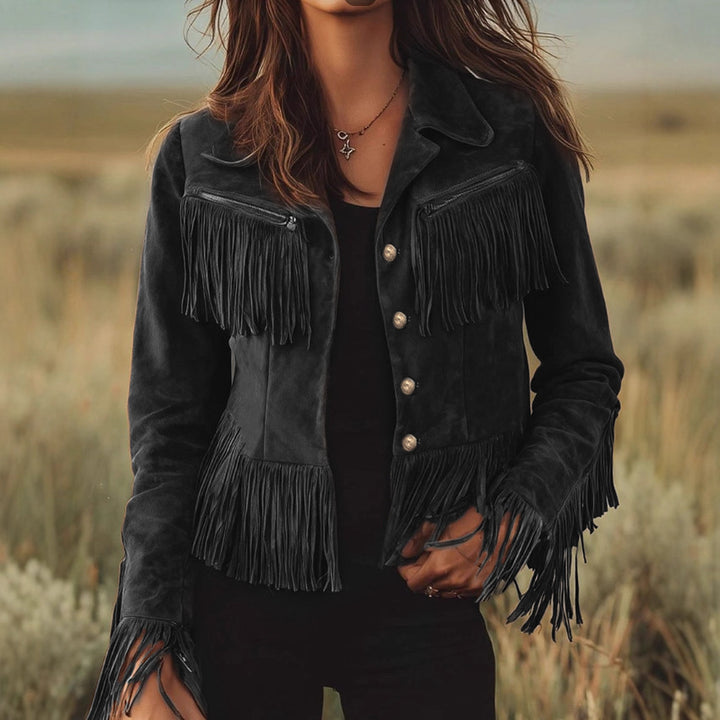 Veste Femme Suède – Coupe Courte Cintrée à Franges &amp; Col Tailleur